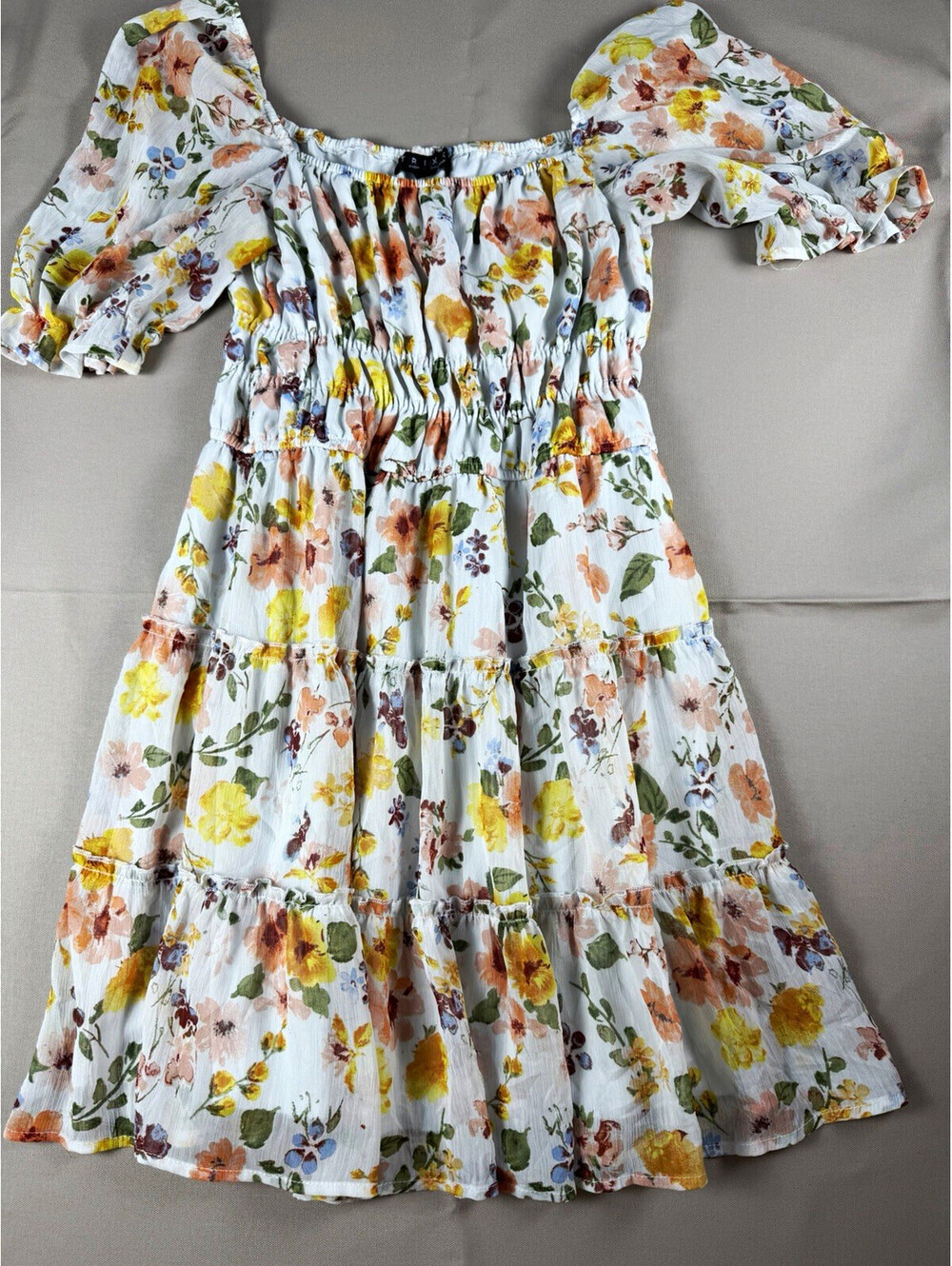 Trixxi White Multicolor Floral Smocked Square Neck Puff Sleeve Mini Dress L